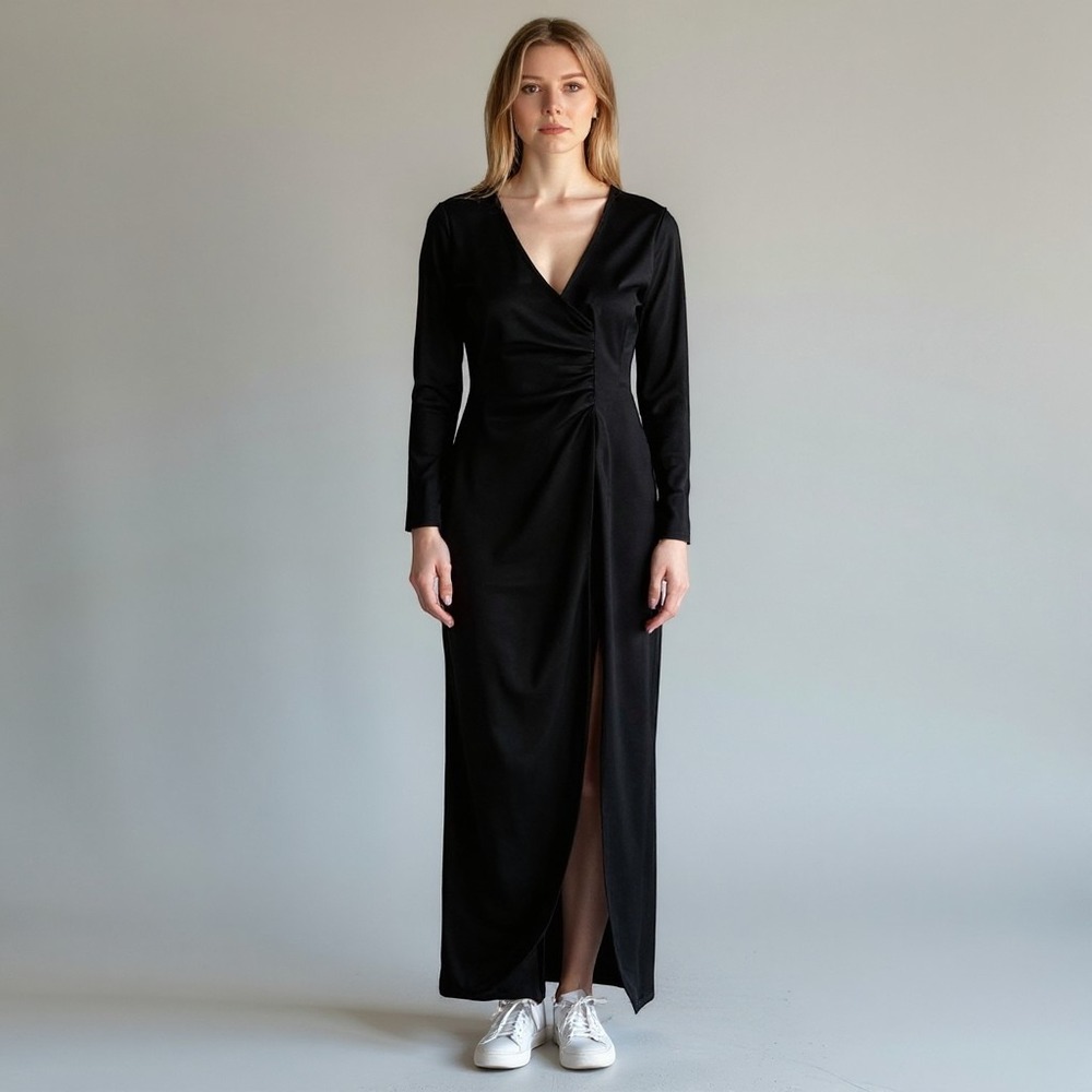 Blashe Black Long Sleeve Open Back Ruched Maxi Dress Slit BD04604 Womens Small